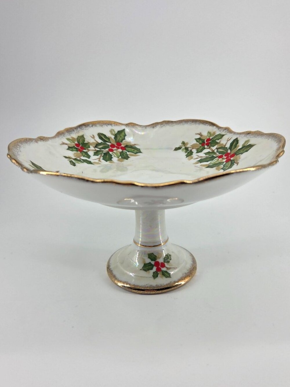 VTG 1950s Ucagco Holly Berry Lusterware Iridescent Pedestal Dish 8"